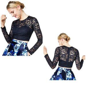 Sequin Hearts Lace Long Sleeve Crop Top Size 0 in Navy Blue